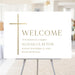 Personalized baptism welcome sign featuring a gold cross design, ideal for elegant religious event decor.