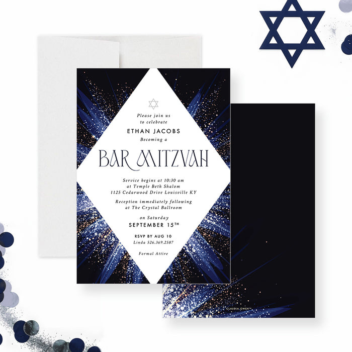Personalized Bar Mitzvah invitation featuring a Star of David design, an elegant Jewish celebration card.-front-back