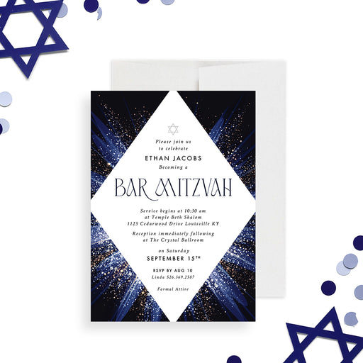 Personalized Bar Mitzvah invitation featuring a Star of David design, an elegant Jewish celebration card.-front
