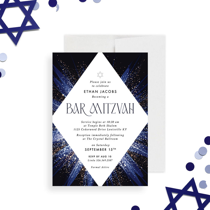 Personalized Bar Mitzvah invitation featuring a Star of David design, an elegant Jewish celebration card.-front