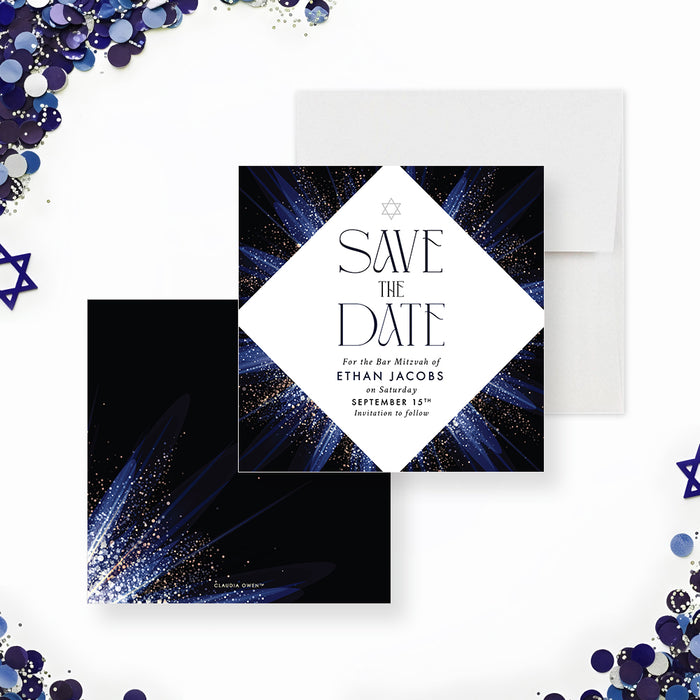 Bar Mitzvah save the date card featuring a Star of David with an elegant modern design-front-back