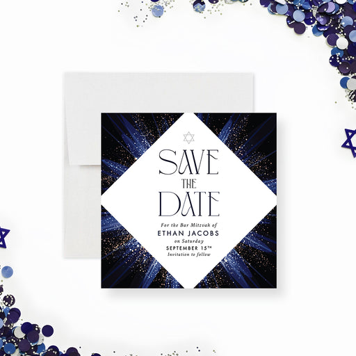 Bar Mitzvah save the date card featuring a Star of David with an elegant modern design-front