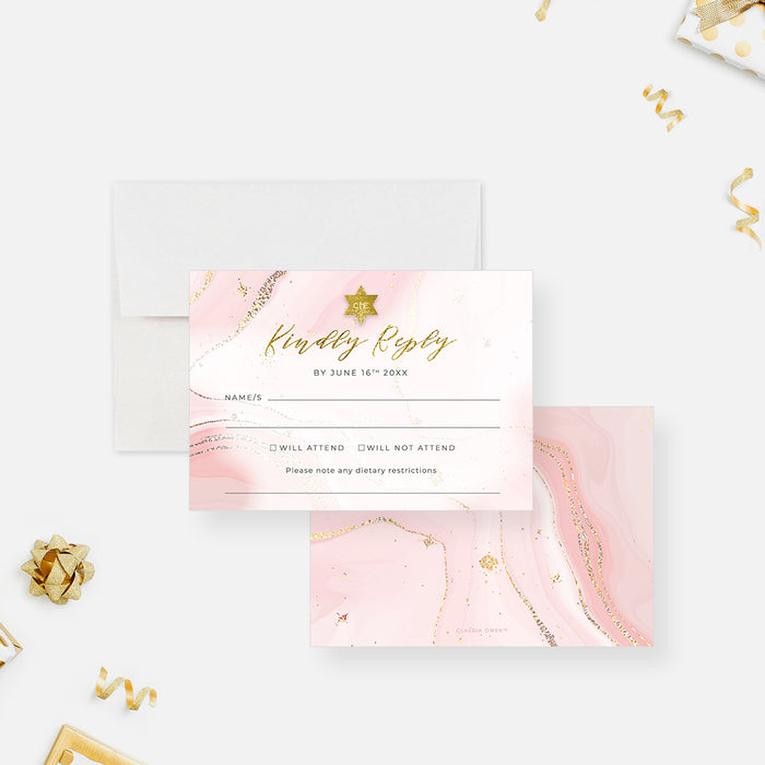 Elegant Bat Mitzvah Invitation Card in Soft Pink and Gold, Girls Jewish Birthday Invitations in Watercolor Design