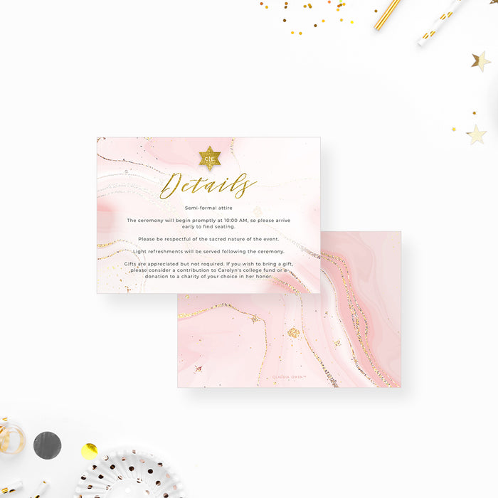 Elegant Bat Mitzvah Invitation Card in Soft Pink and Gold, Girls Jewish Birthday Invitations in Watercolor Design