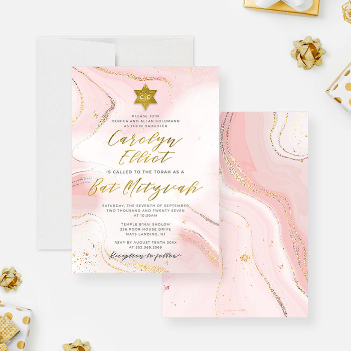 Elegant Bat Mitzvah Invitation Card in Soft Pink and Gold, Girls Jewish Birthday Invitations in Watercolor Design