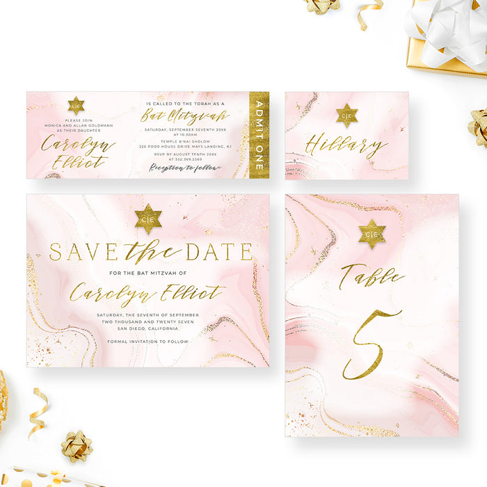 Elegant Bat Mitzvah Invitation Card in Soft Pink and Gold, Girls Jewish Birthday Invitations in Watercolor Design