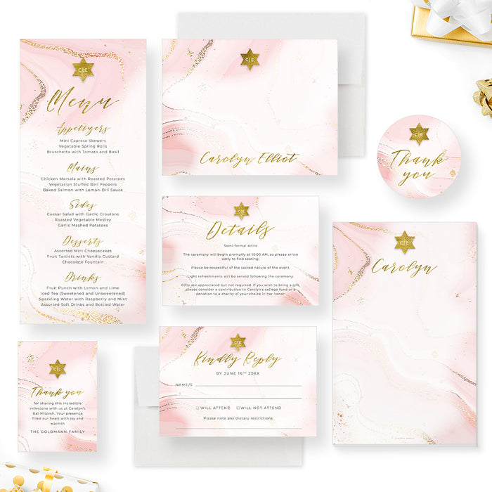 Elegant Bat Mitzvah Invitation Card in Soft Pink and Gold, Girls Jewish Birthday Invitations in Watercolor Design