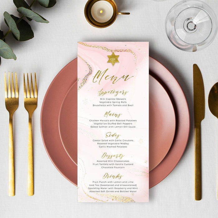 Elegant Bat Mitzvah Invitation Card in Soft Pink and Gold, Girls Jewish Birthday Invitations in Watercolor Design