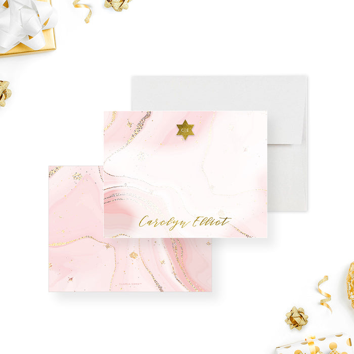 Elegant Bat Mitzvah Note Card in Soft Pink and Gold, Girls Jewish Birthday Thank you Card Set in Watercolor Design