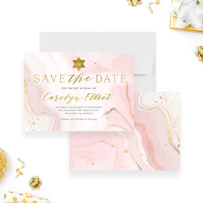 Elegant Bat Mitzvah Invitation Card in Soft Pink and Gold, Girls Jewish Birthday Invitations in Watercolor Design