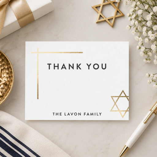 Elegant personalized Jewish thank you card with golden Star of David and custom family name-front