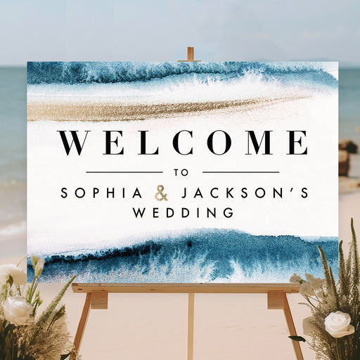 Elegant custom beach wedding welcome sign with ocean blue waves and golden sand, personalized with names for a coastal ceremony or destination wedding.
