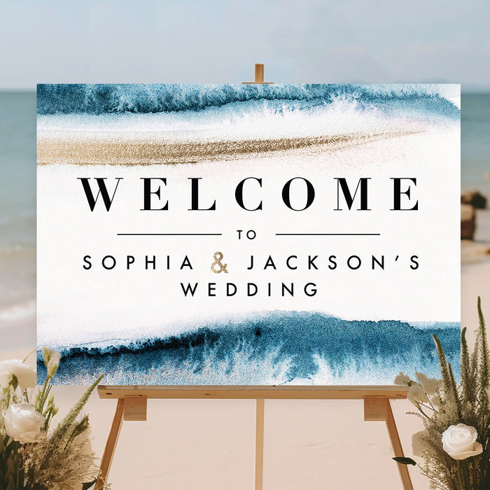 Elegant custom beach wedding welcome sign with ocean blue waves and golden sand, personalized with names for a coastal ceremony or destination wedding.