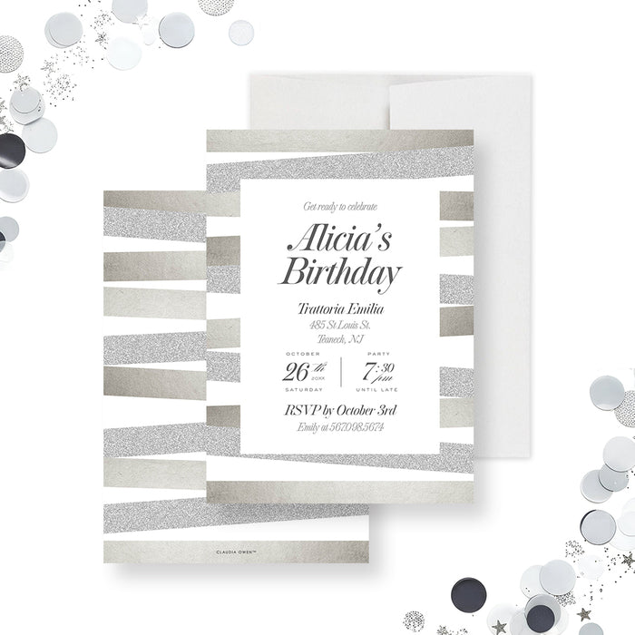 Modern elegant birthday invitation with soft silver and gray tones, clean layout, and formal typography for an adult celebration-front-back