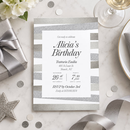 Modern elegant birthday invitation with soft silver and gray tones, clean layout, and formal typography for an adult celebration-front