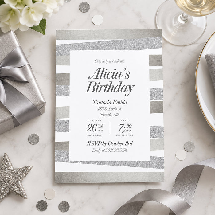 Modern elegant birthday invitation with soft silver and gray tones, clean layout, and formal typography for an adult celebration-front