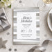 Modern elegant birthday invitation with soft silver and gray tones, clean layout, and formal typography for an adult celebration-front