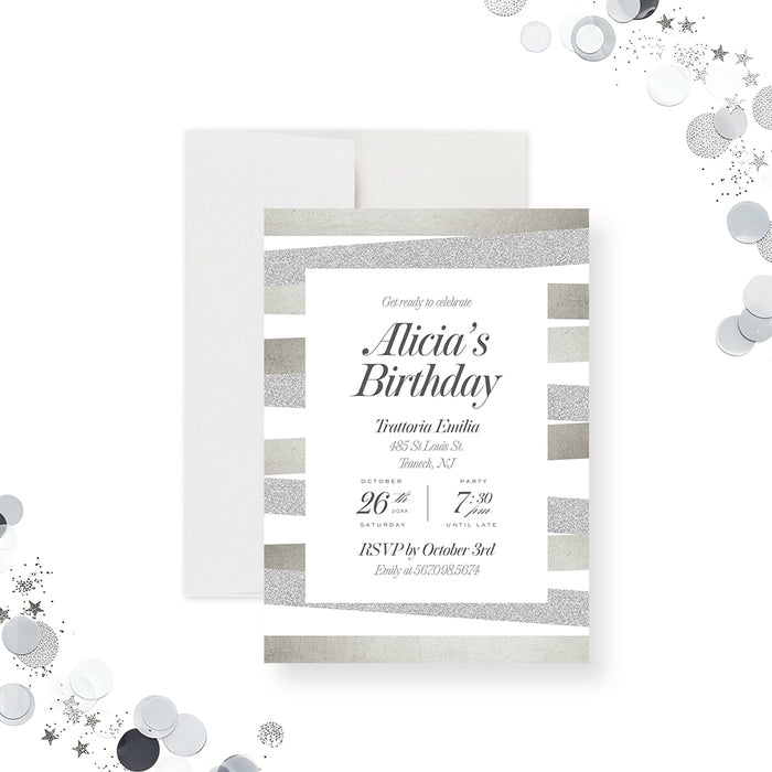 Modern elegant birthday invitation with soft silver and gray tones, clean layout, and formal typography for an adult celebration-front