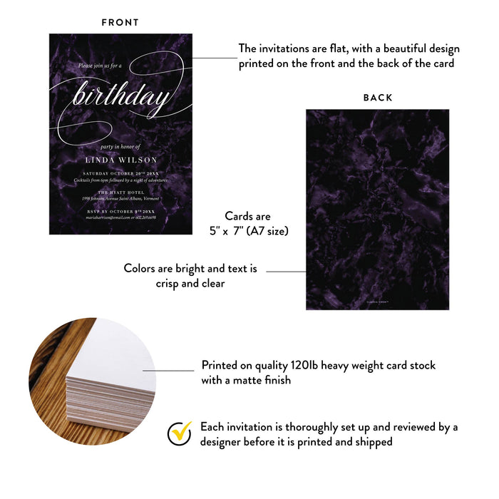 Product details of elegant birthday invitation card with dark purple marble background and refined typography