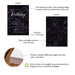 Product details of elegant birthday invitation card with dark purple marble background and refined typography