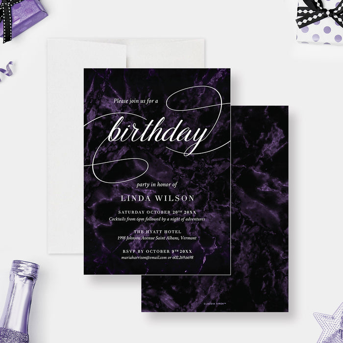 Birthday invitation card featuring dark purple marble background with elegant calligraphy, showing front and back sides