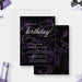 Birthday invitation card featuring dark purple marble background with elegant calligraphy, showing front and back sides
