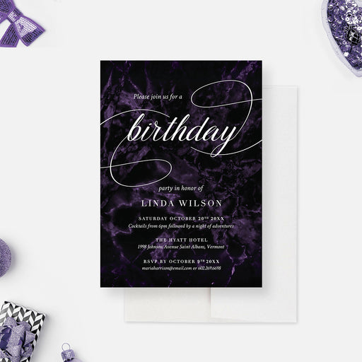 Birthday invitation card featuring dark purple marble background with elegant calligraphy