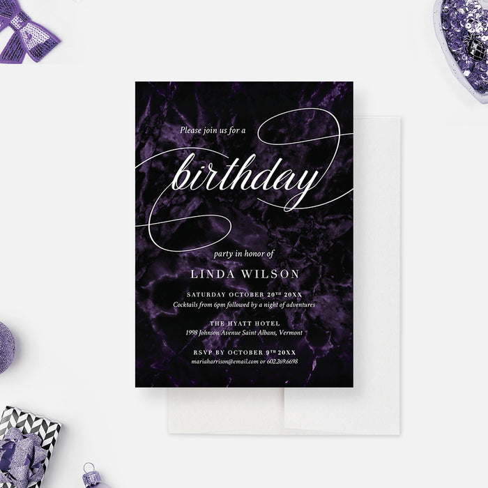 Birthday invitation card featuring dark purple marble background with elegant calligraphy