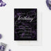 Birthday invitation card featuring dark purple marble background with elegant calligraphy
