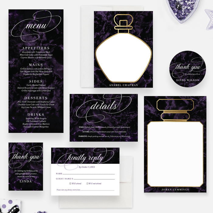 Elegant birthday invitation set with dark purple marble design including menu card, note card, sticker, details card, notepad, rsvp card and thank you tag