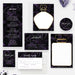 Elegant birthday invitation set with dark purple marble design including menu card, note card, sticker, details card, notepad, rsvp card and thank you tag