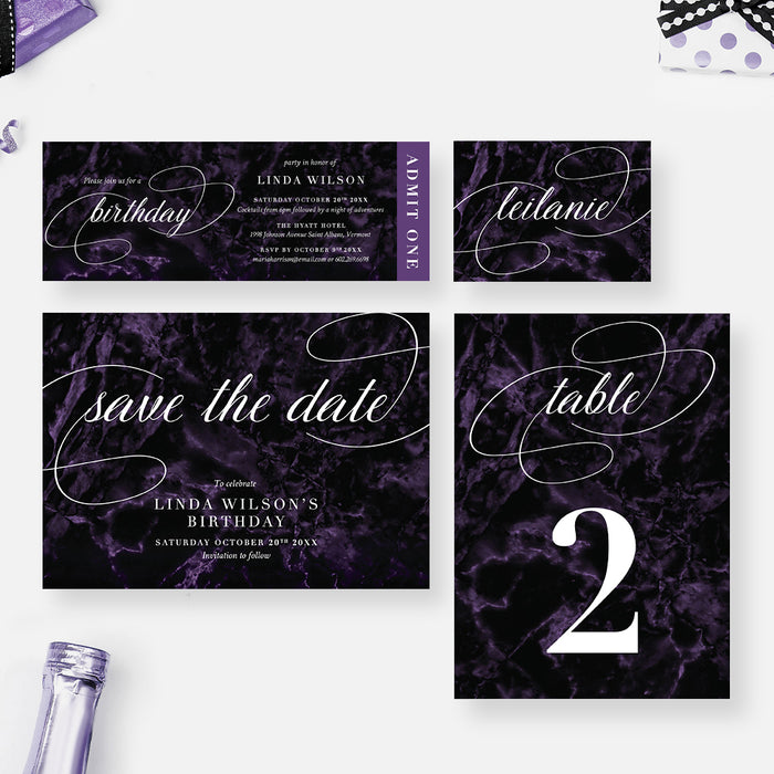 Elegant birthday invitation set with dark purple marble design including ticket, save the date card, place card and table number