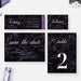 Elegant birthday invitation set with dark purple marble design including ticket, save the date card, place card and table number