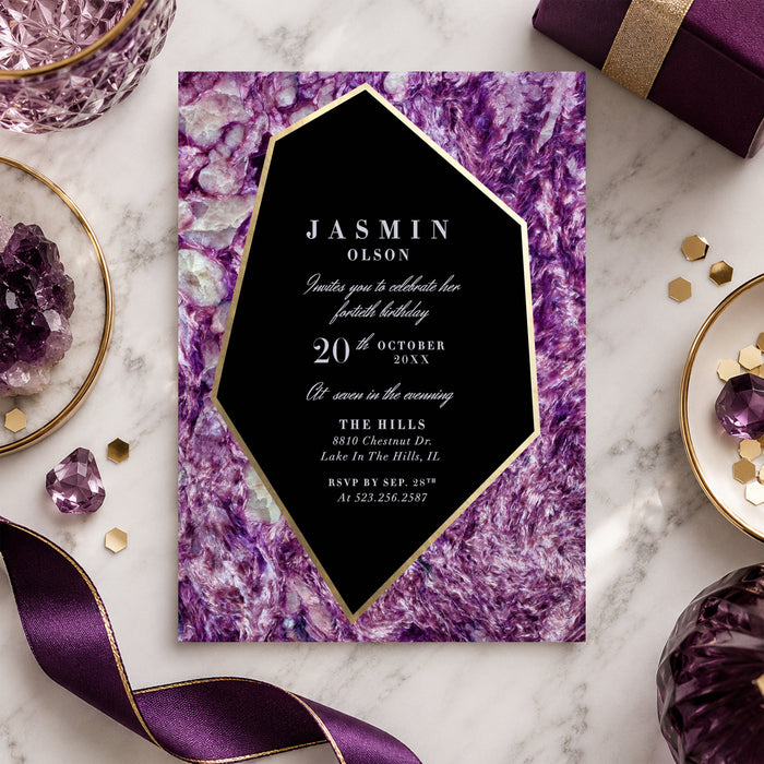 Purple gemstone birthday invitation with crystal geode design and gold accents-front