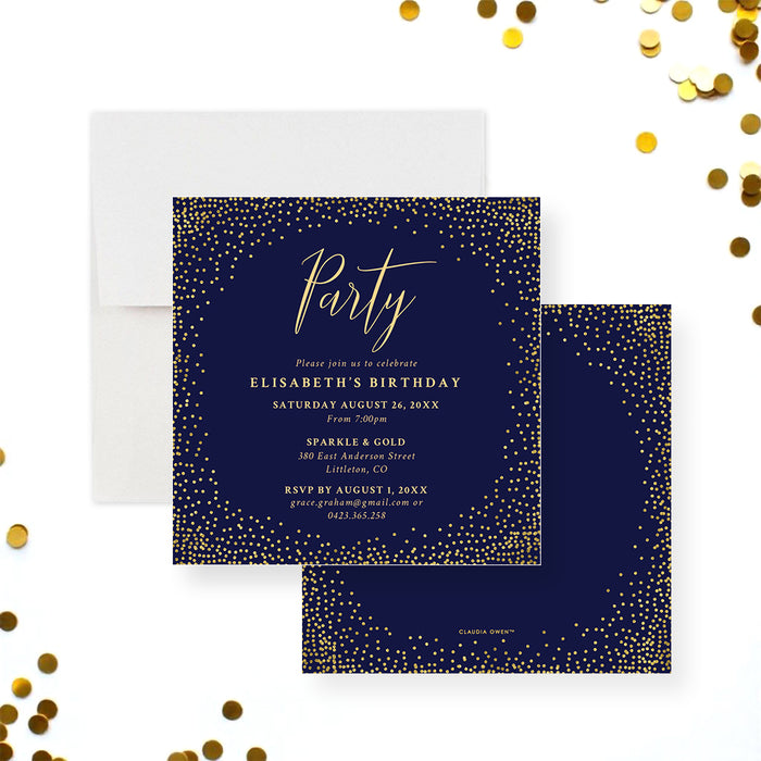 Navy and gold birthday party invitation card with confetti accents, customizable for elegant events.-front-back