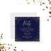 Navy and gold birthday party invitation card with confetti accents, customizable for elegant events.-front