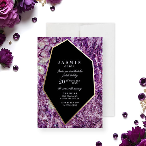 Purple gemstone birthday invitation with crystal geode design and gold accents-front