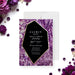 Purple gemstone birthday invitation with crystal geode design and gold accents-front