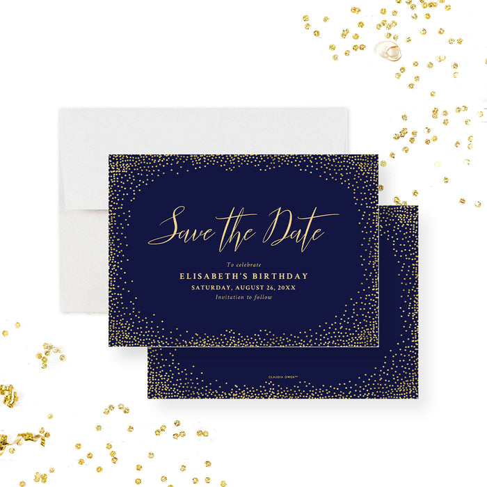 Custom save the date card with navy blue and gold confetti, perfect for elegant birthday celebrations.-front-back