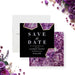 Birthday save the date card with purple geode design and gold accents-front-back