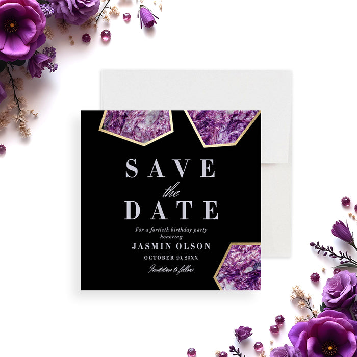 Birthday save the date card with purple geode design and gold accents-front
