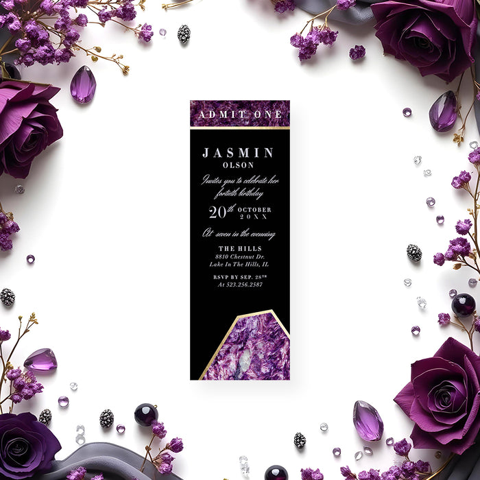 Admit-one birthday ticket invitation with purple gemstone design