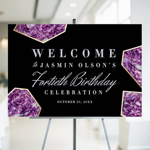 Personalized purple gemstone birthday welcome sign used as event entrance décor