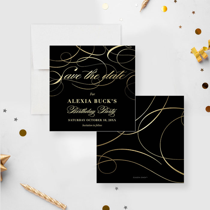 Classy Birthday Save the Date Card with Black and Gold Typography Design, Elegant Save the Dates for Formal Birthday Party