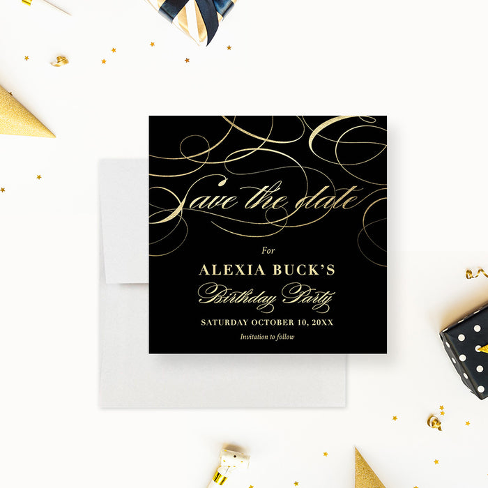 Classy Birthday Save the Date Card with Black and Gold Typography Design, Elegant Save the Dates for Formal Birthday Party