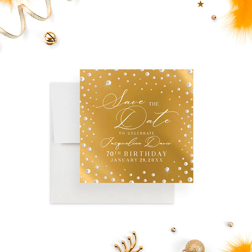 a gold and pearl save the date card