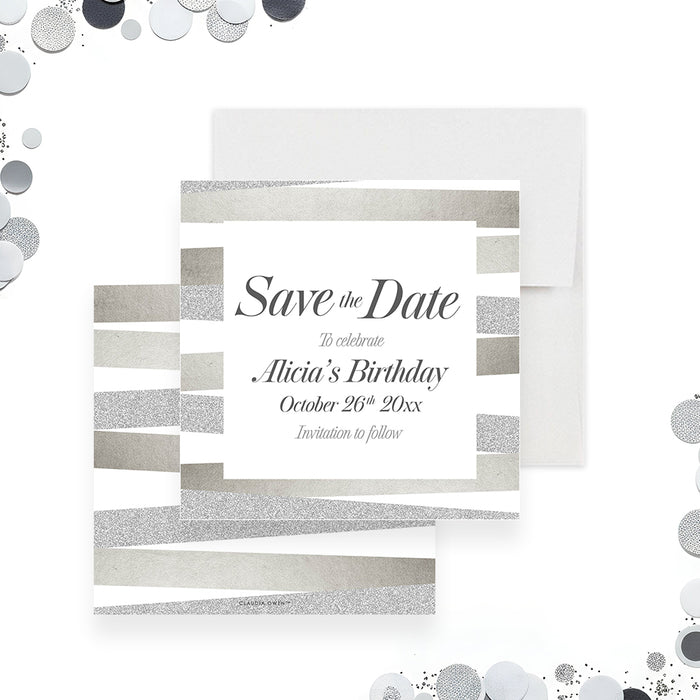 Elegant birthday save the date card with modern neutral tones, clean striped pattern details, and sophisticated lettering for an adult party-front-back