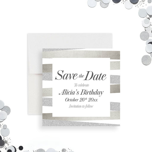 Elegant birthday save the date card with modern neutral tones, clean striped pattern details, and sophisticated lettering for an adult party-front