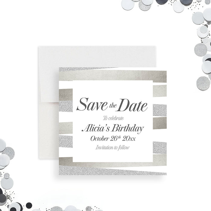 Elegant birthday save the date card with modern neutral tones, clean striped pattern details, and sophisticated lettering for an adult party-front