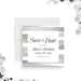 Elegant birthday save the date card with modern neutral tones, clean striped pattern details, and sophisticated lettering for an adult party-front
